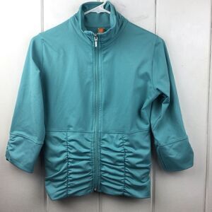 Lucy Turquoise Rouched Zip Athletic Jacket, 3/4 Sleeve, Size Small